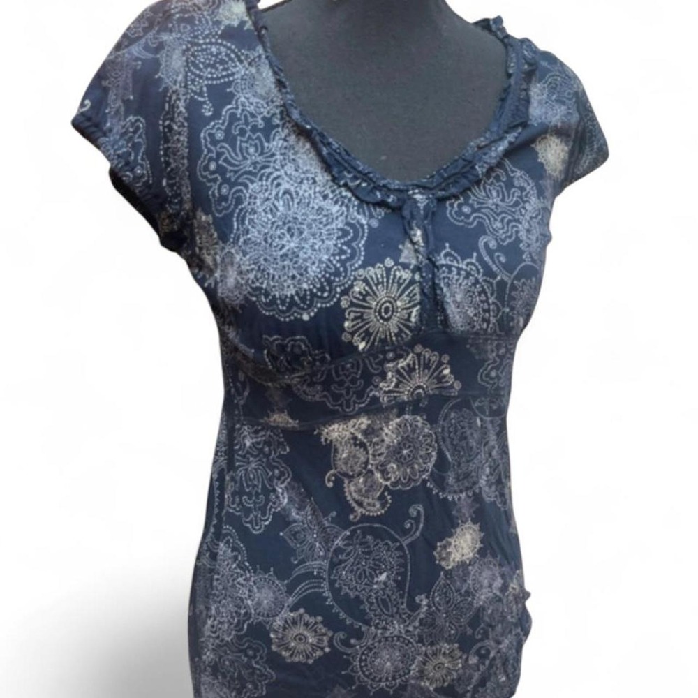 Calvin Klein Jeans Y2K Navy Blue Paisley Mandala Babydoll Top Ruffle Small S
